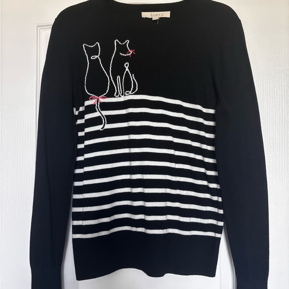 Loft Black and White Striped Lightweight Sweater with Cat Design